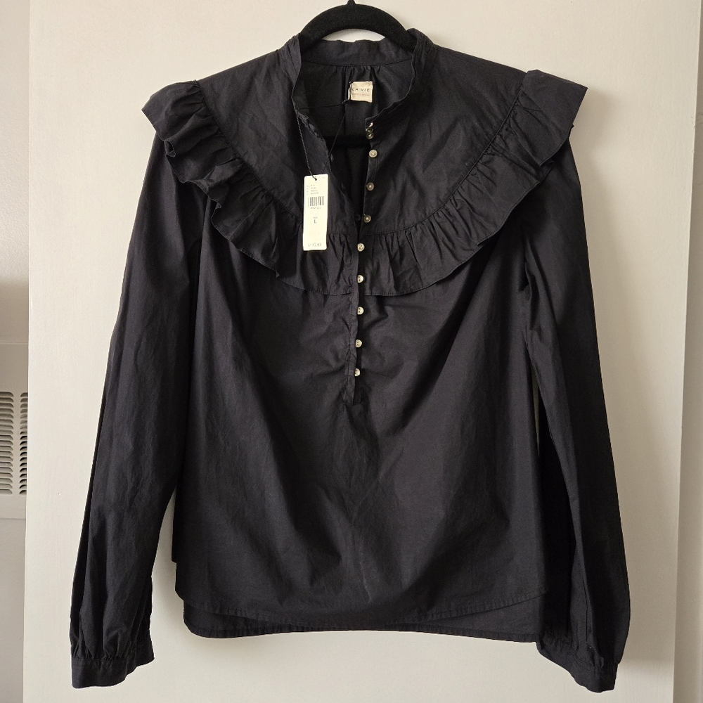 NWT Anthropologie x LA VIE by Rebecca Taylor Black Ruffle Collar Blouse